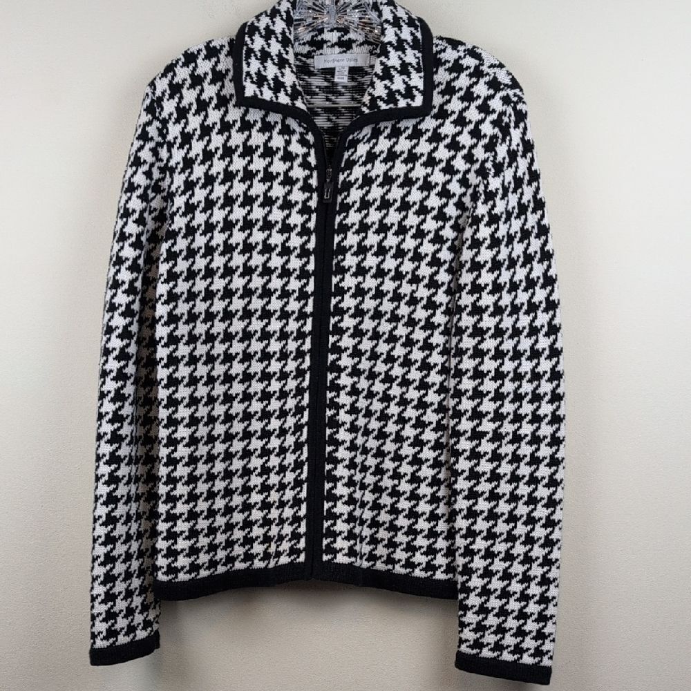 Northern Isles Black & White Houndstooth Zip Front Cotton Knit Cardigan Size L